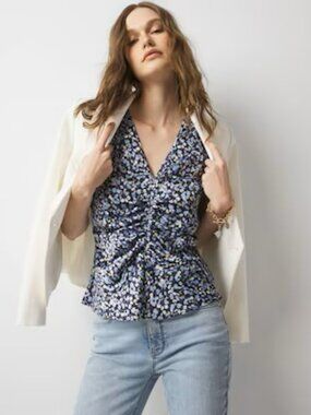 NWT WHBM Ruched Confetti Geo Print Flutter Sleeve Top Blouse M